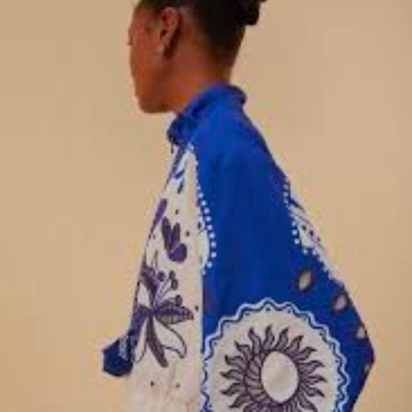 Farm Rio Active Artisanal Embroidered Crop Windbreaker Blue White Bead Tassel XS - Picture 4 of 7